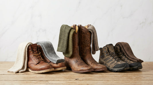 Assorted boot socks in merino wool and bamboo draped over leather work boots, cowboy boots, and hiking boots on a wooden surface