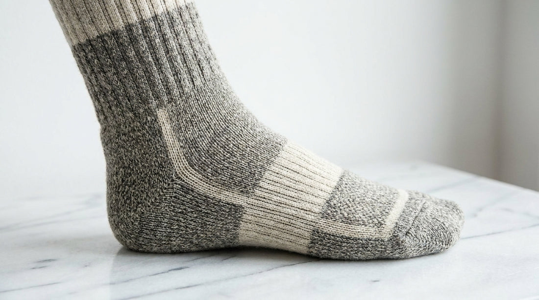Close-up of a boot sock with visible knit-in arch support band and engineered compression zones