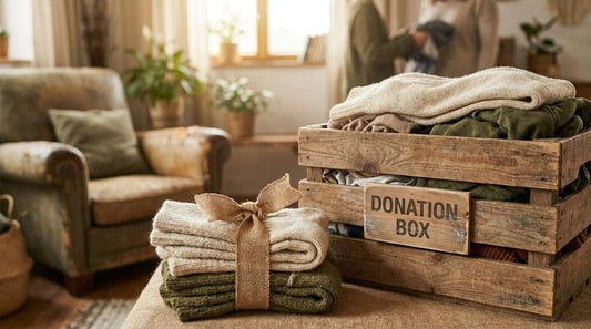 Bundle of new socks tied with a ribbon next to a donation box with warm lighting