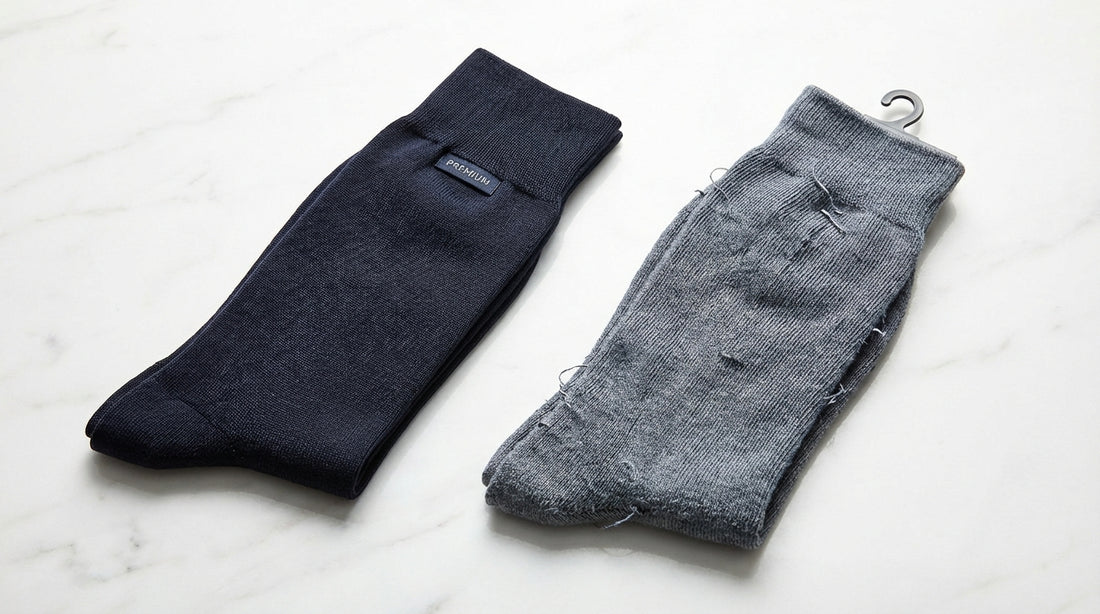 A premium dress sock and a cheap dollar store sock placed side by side on a clean white surface, showing the visible difference in knit density and construction quality