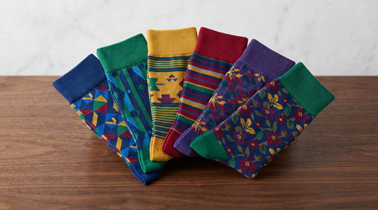 Array of six vibrant patterned dress socks fanned out on a dark wood surface