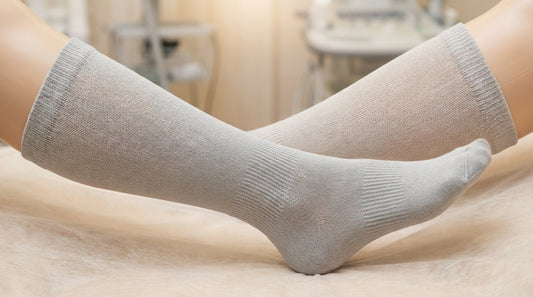 Graduated compression sock shown from side profile showing compression gradient from ankle to calf