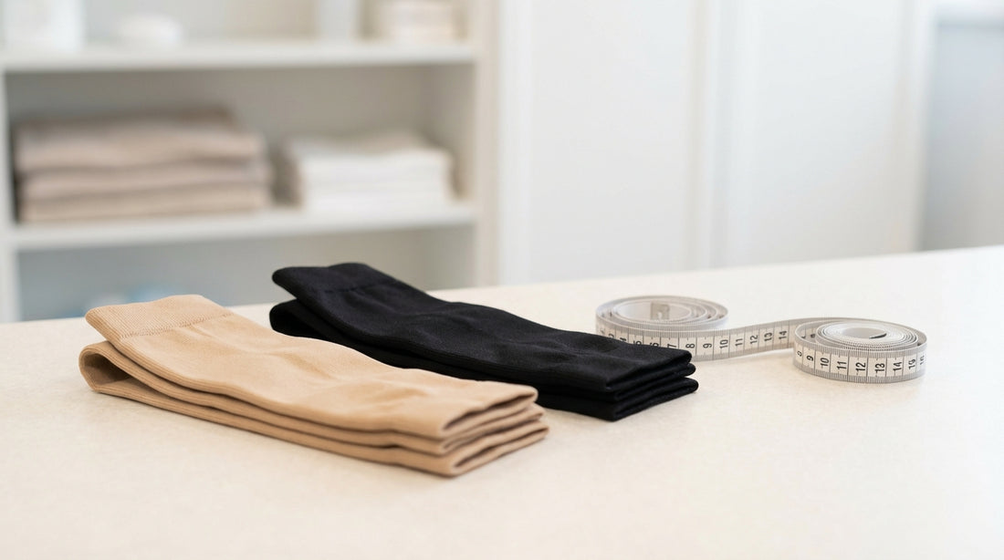 Medical-grade compression socks in beige and black on a clean clinical surface