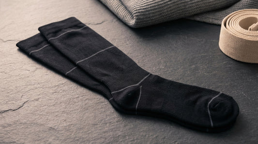 Men's black compression socks showing graduated compression zones from ankle to calf