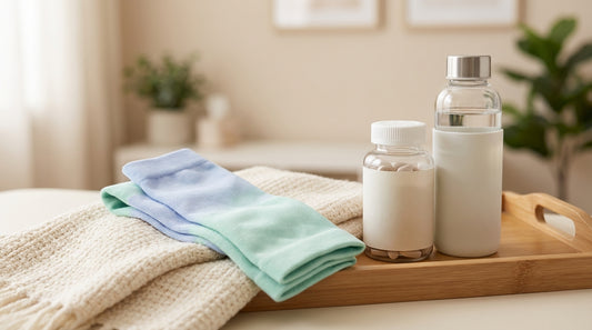 Gentle pastel compression socks on a soft surface with a nurturing wellness aesthetic
