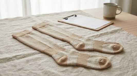 Graduated compression socks in neutral tones showing medical-grade graduated knit pattern