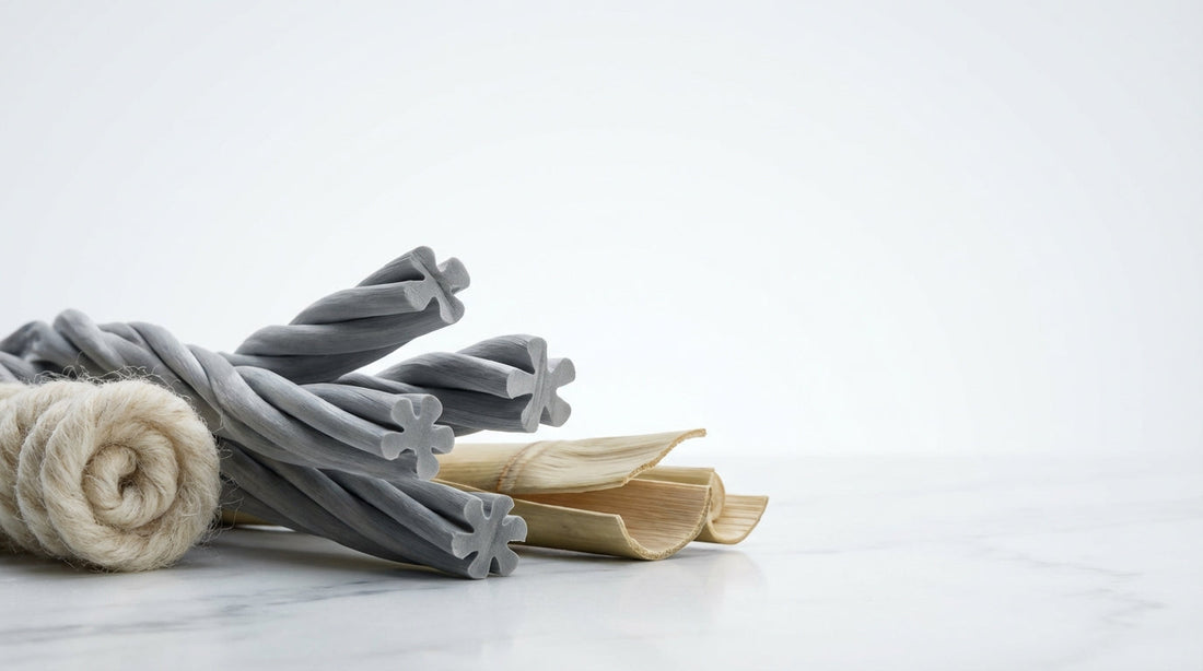 Close-up of CoolMax polyester fibers showing tetrachannel cross-section grooves alongside merino wool and bamboo sock fibers on a laboratory testing surface