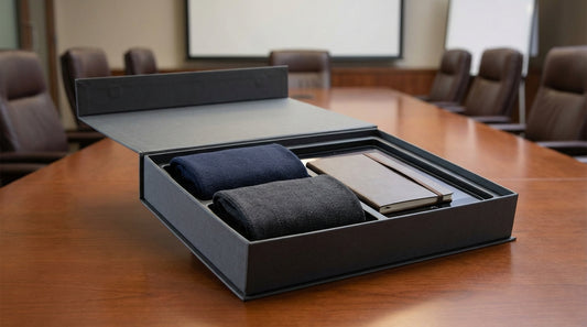 Corporate branded socks in a premium gift box on a conference room table