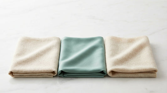 Three fabric swatches cotton bamboo viscose and merino wool showing texture differences