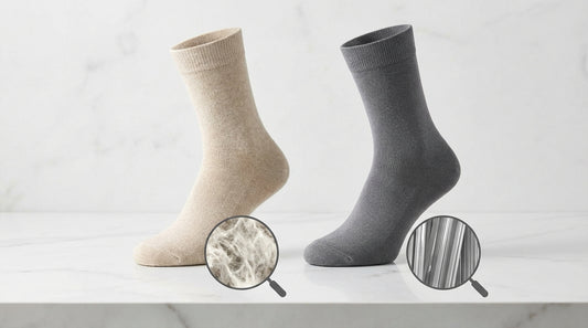 Cotton sock and polyester sock side by side showing fiber texture differences