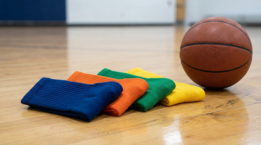 Custom team basketball socks in bold colors laid on a basketball court surface