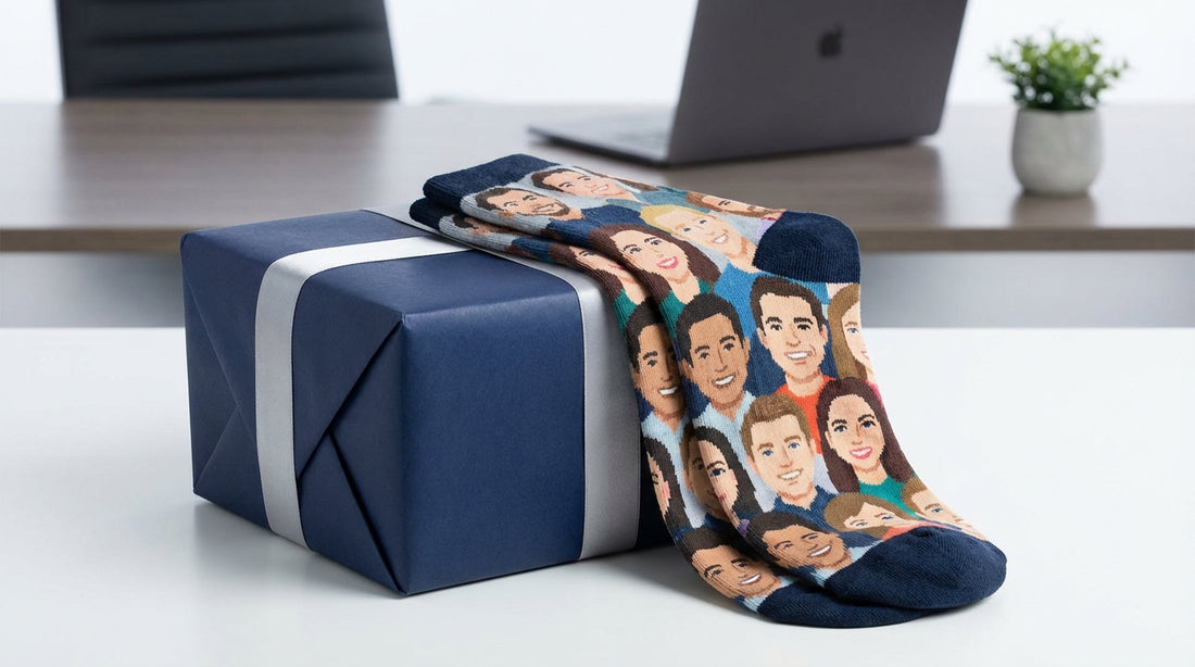 Novelty custom face socks showing a printed photo pattern as a fun gift concept