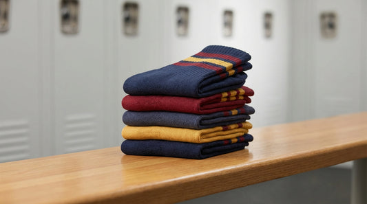 Stack of custom team color athletic crew socks with college-style stripes arranged on a locker room bench