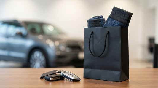 Custom branded socks in a dealership gift bag next to car keys on a showroom desk