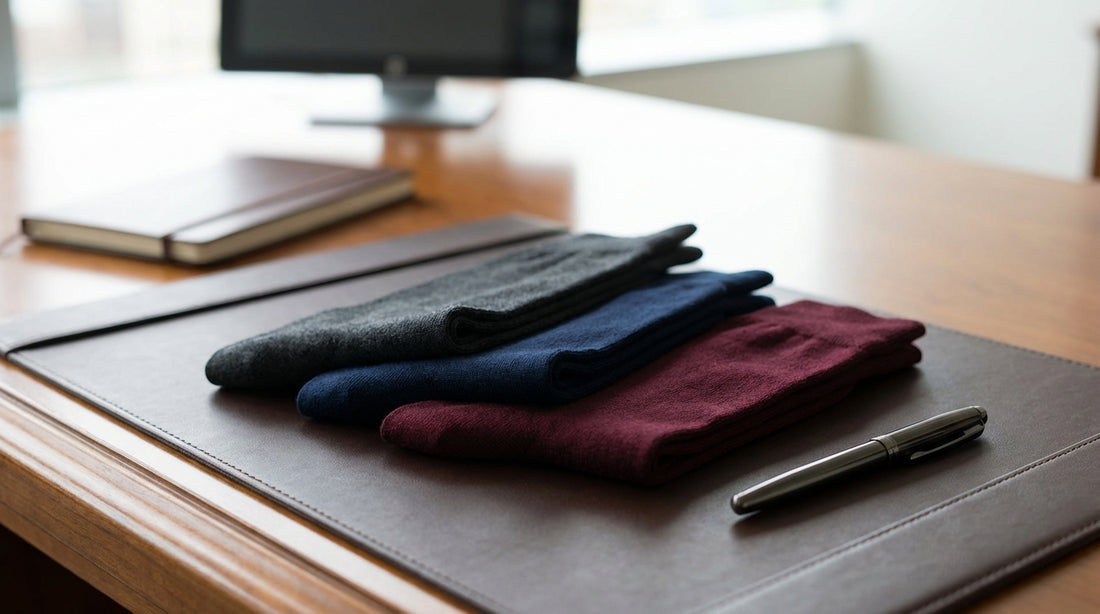 Premium custom dress socks in conservative colors arranged on a leather desk blotter