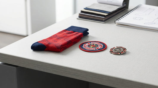 Custom station socks in red and navy arranged next to a firefighter badge and station patch