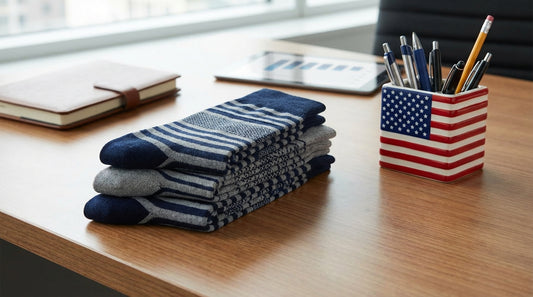 Professional custom socks in navy and grey arranged on a desk with an American flag pen holder