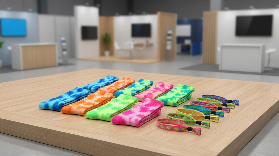 Vibrant custom festival socks in neon and tie-dye patterns spread on a stage floor