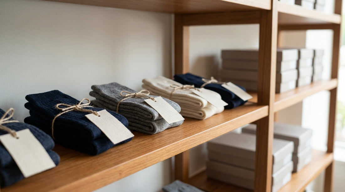 Custom branded socks displayed on a retail shelf with hangtags boutique merchandising style