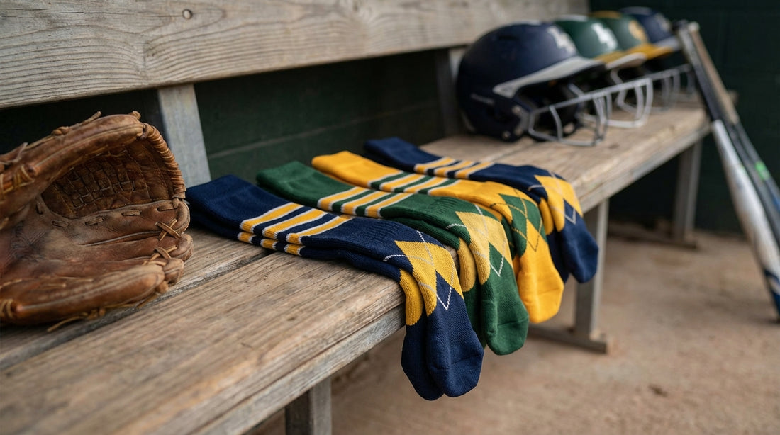 Custom team softball socks in team colors laid out on a dugout bench next to a softball glove