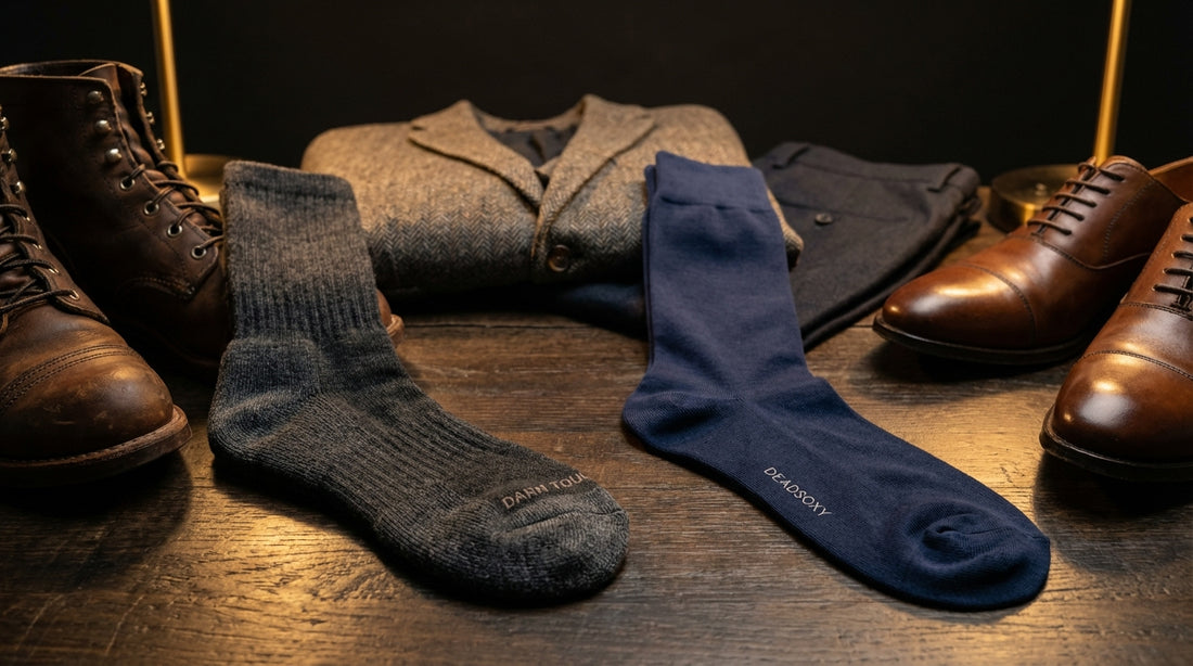 Darn Tough merino wool socks versus DeadSoxy Boardroom bamboo dress socks side-by-side comparison on a dark surface