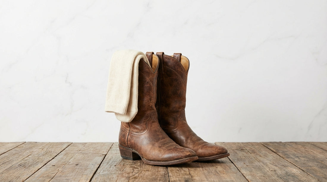 Pair of merino wool over-the-calf boot socks draped over weathered brown leather cowboy boots on a rustic wooden floor
