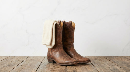 Pair of merino wool over-the-calf boot socks draped over weathered brown leather cowboy boots on a rustic wooden floor