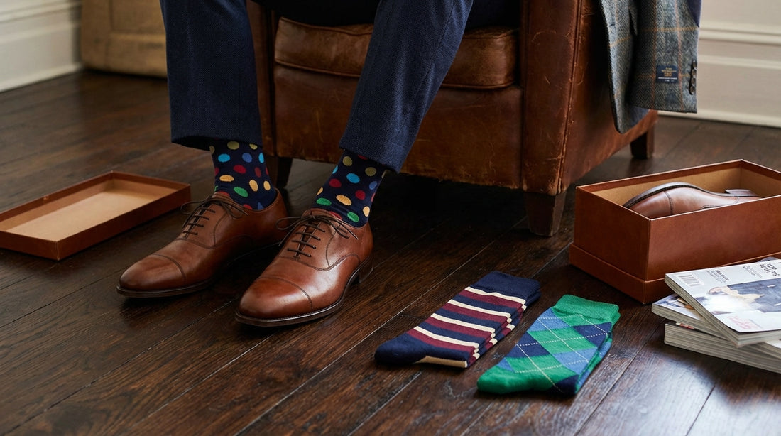 designer dress socks for men Stacked (9 pairs) | Cotton Over the Calf Dress Socks Big & Tall (US 12-16)