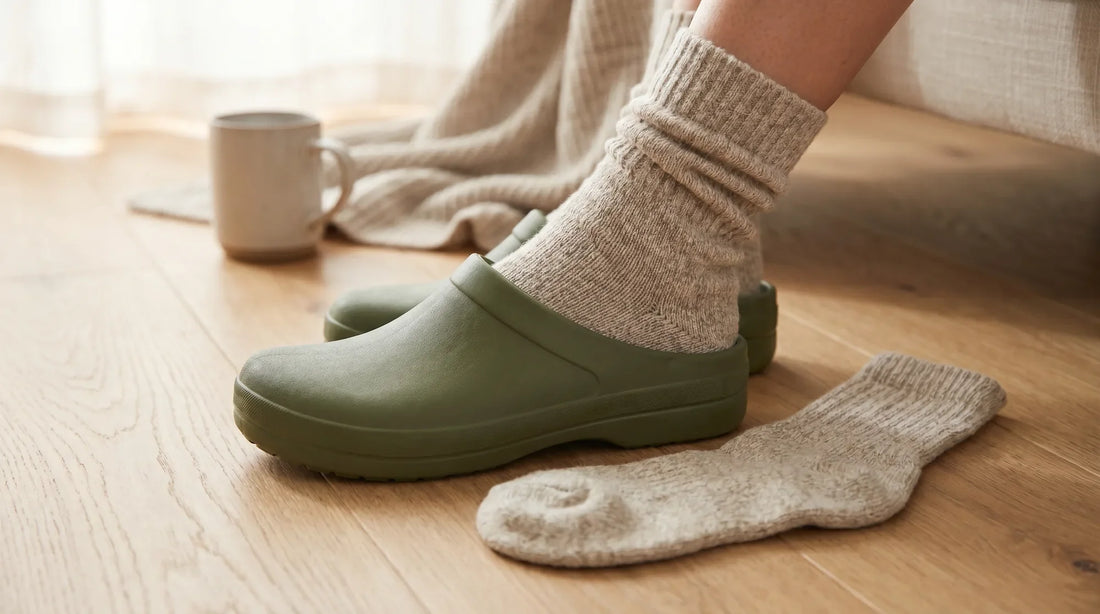 Cozy premium socks paired with a rubber clog on a light wood floor