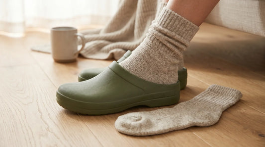Cozy premium socks paired with a rubber clog on a light wood floor