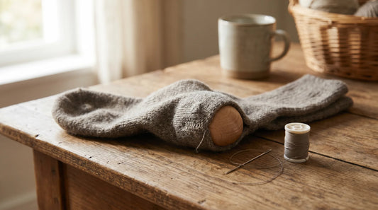 A worn premium sock being mended with a wooden darning egg, needle and thread