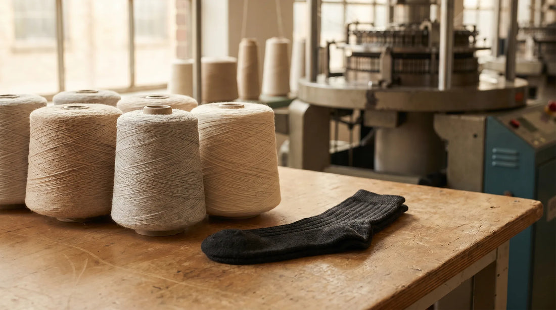Cones of premium yarn beside a finished folded dress sock