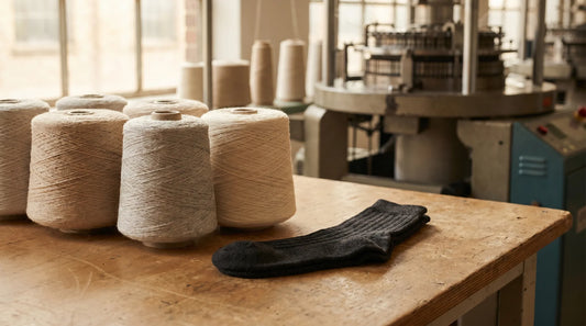 Cones of premium yarn beside a finished folded dress sock