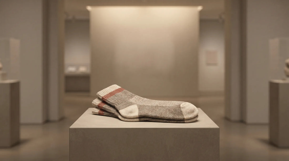 Refined premium custom socks displayed on a minimalist museum-style pedestal