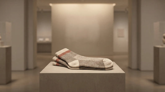 Refined premium custom socks displayed on a minimalist museum-style pedestal