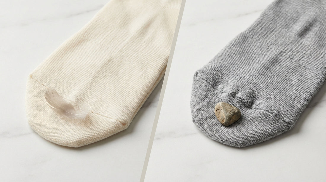 Split view comparing flat-seam toe interior versus raised-seam toe interior on two socks