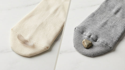 Split view comparing flat-seam toe interior versus raised-seam toe interior on two socks