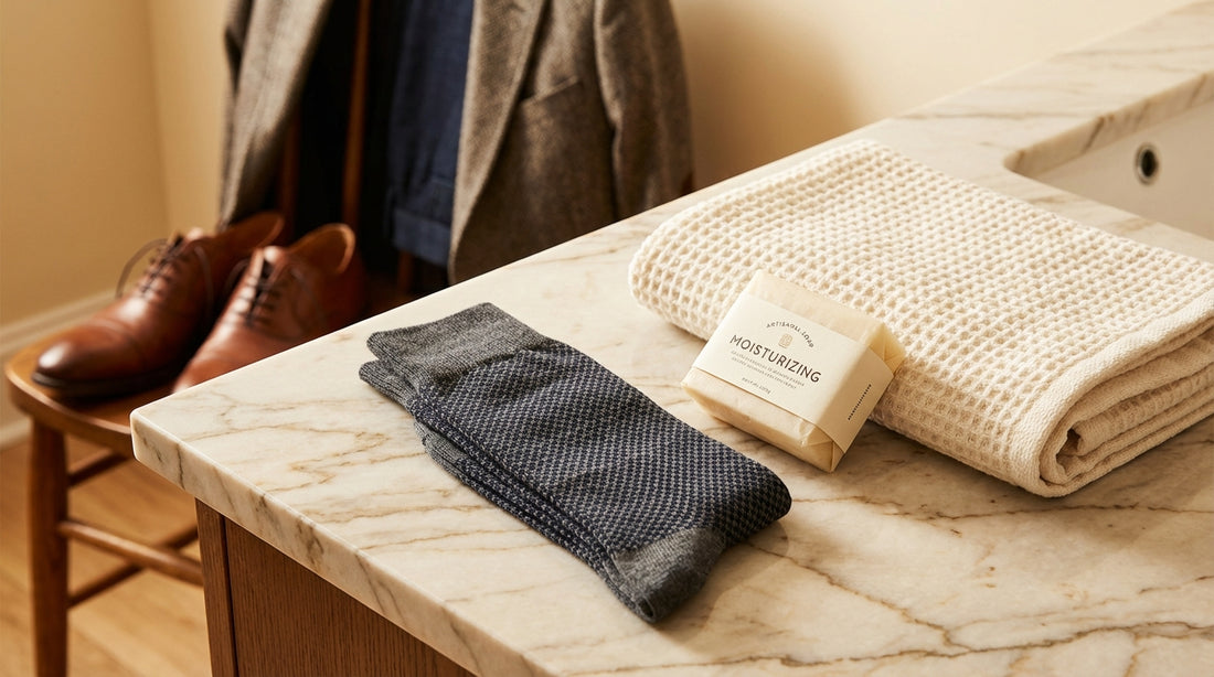 Clean premium dress socks folded neatly next to a bar of moisturizing soap and a soft towel on a marble counter