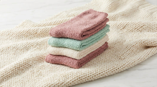 Ultra-soft chenille fuzzy socks in pastel colors arranged on a cozy knit blanket