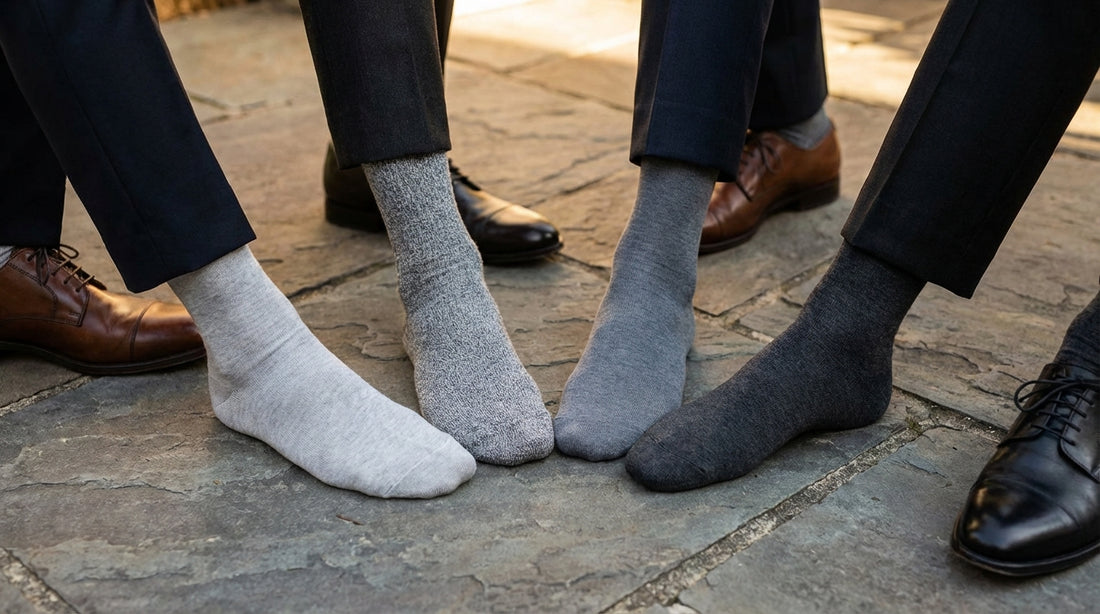 Four shades of grey dress socks from silver to charcoal fanned out on a slate surface