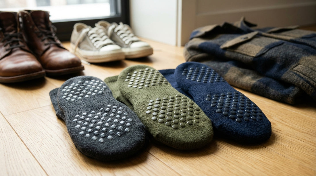 Close-up comparison of silicone, PVC, and rubber grip dots on the soles of three different grip socks arranged on a light wood surface