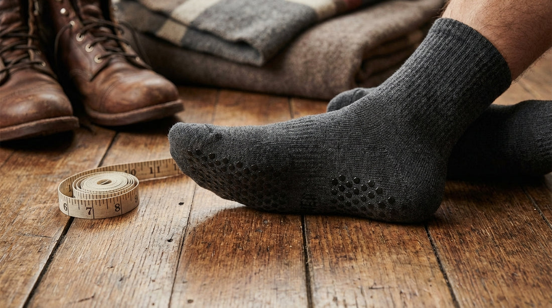 Close-up of grip socks being tried on with silicone grip dots visible on hardwood floor next to measuring tape
