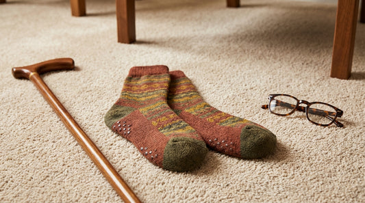 Comfortable non-slip socks in warm colors on a carpeted surface next to a walking cane and reading glasses