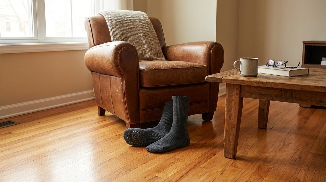 Non-slip grip socks on a polished hardwood floor next to a cozy armchair and coffee table, home safety scene