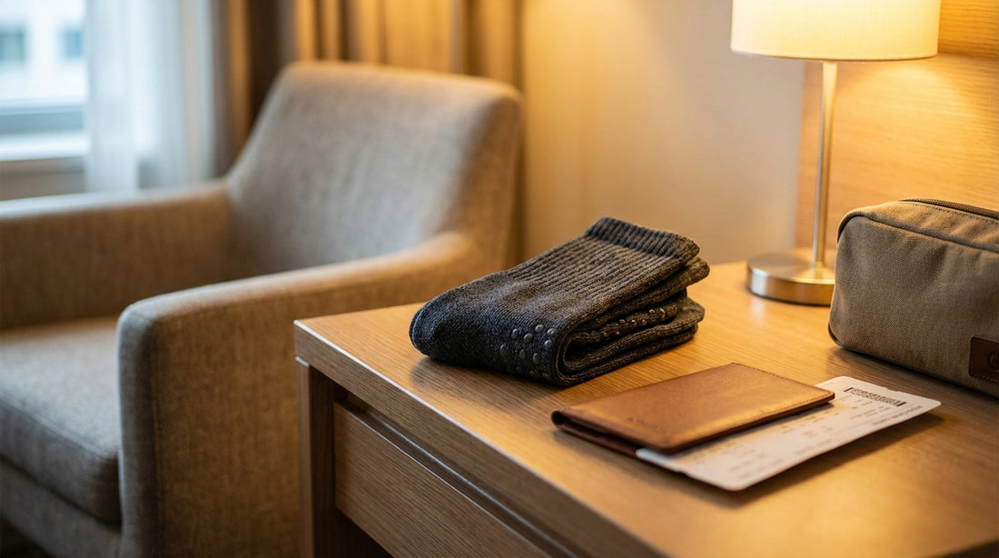 Compact grip socks folded next to a passport, boarding pass, and travel pouch on a hotel bedside table