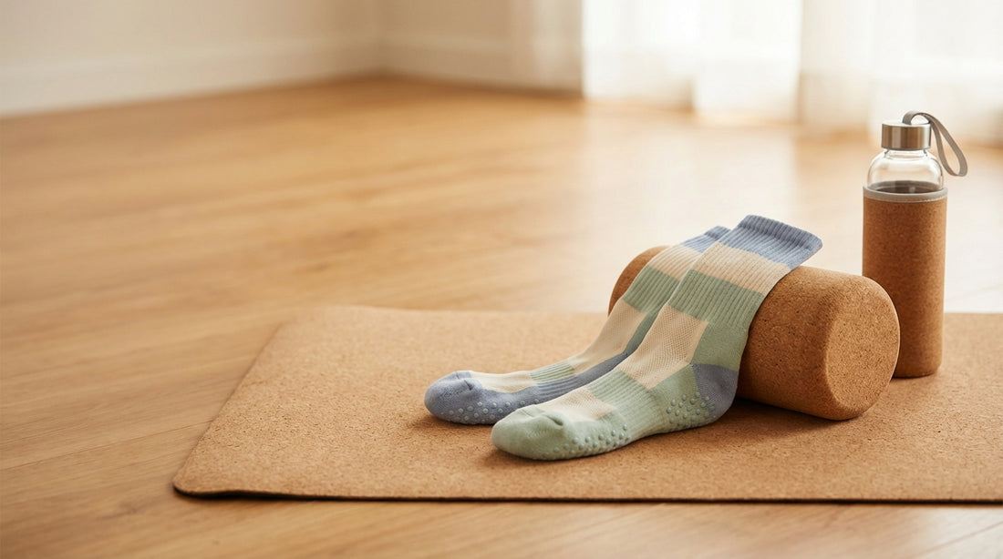 Pastel grip socks with silicone dots on a yoga mat next to a prenatal yoga block and water bottle, soft nurturing aesthetic