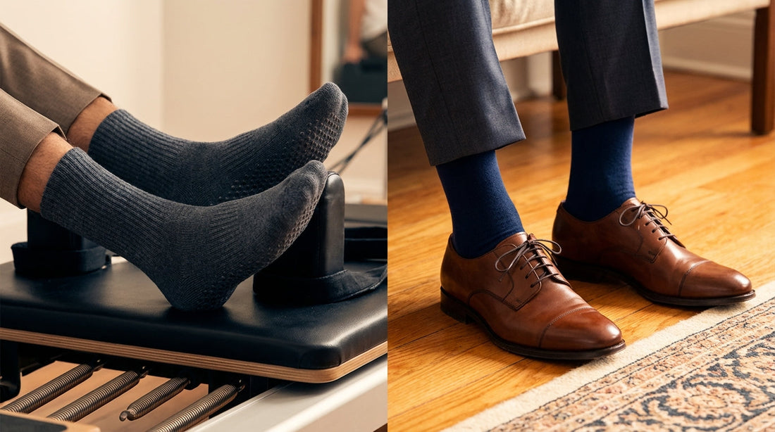 Split comparison showing silicone grip socks with visible traction pads on a Pilates reformer alongside smooth-soled premium dress socks on a hardwood floor