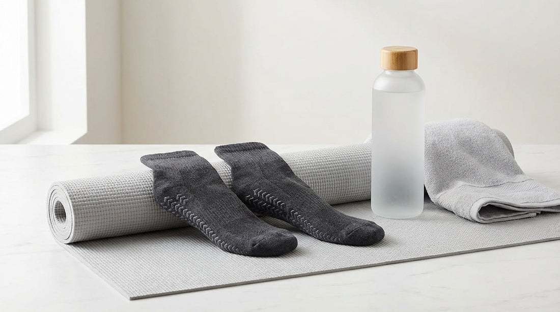 Grip socks with silicone tread on a yoga mat next to a water bottle and towel