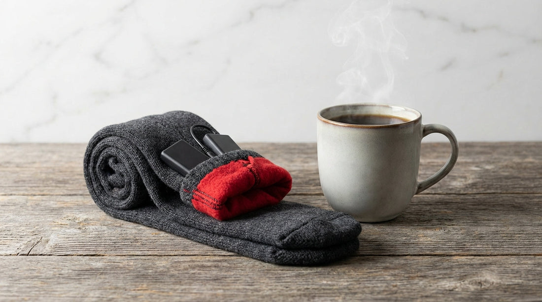 Battery-heated winter socks with visible thermal lining next to a warm mug