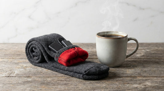 Battery-heated winter socks with visible thermal lining next to a warm mug